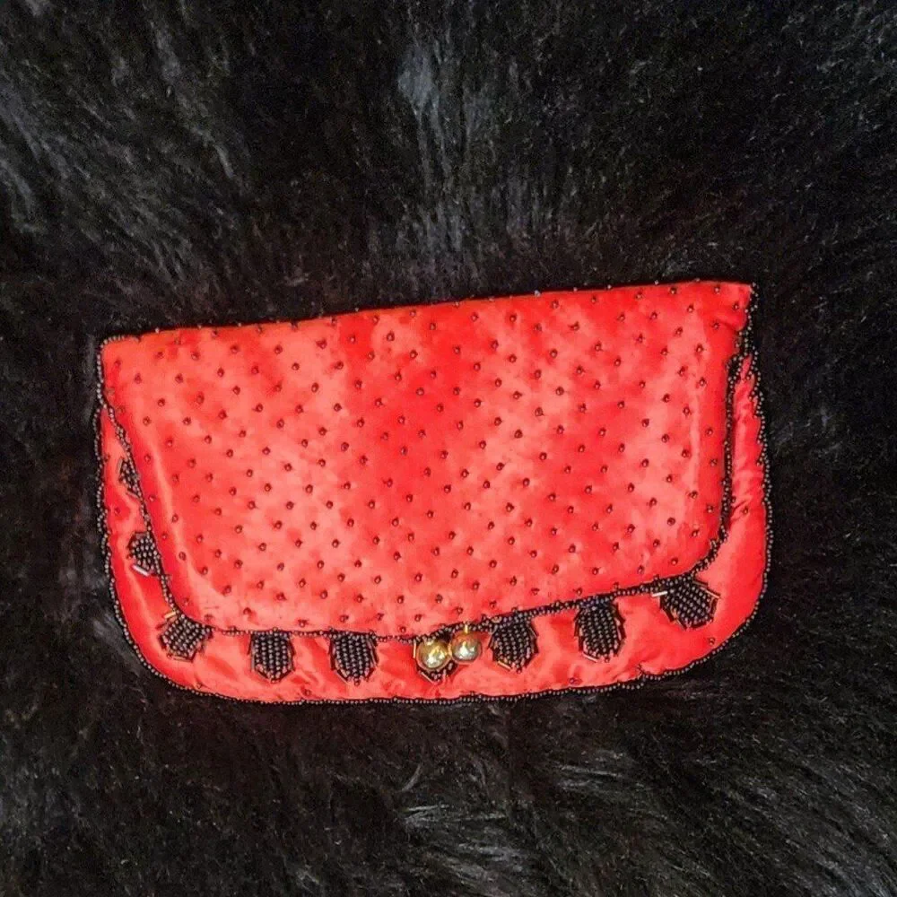Vintage Fold Over Hand Beaded Pineapple Clutch Purse, Red Satin Black Beads